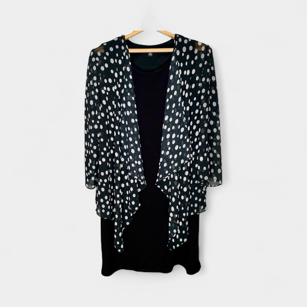 R&K Women's Black & White Polka Dot Faux Jacket Dress, Size 14